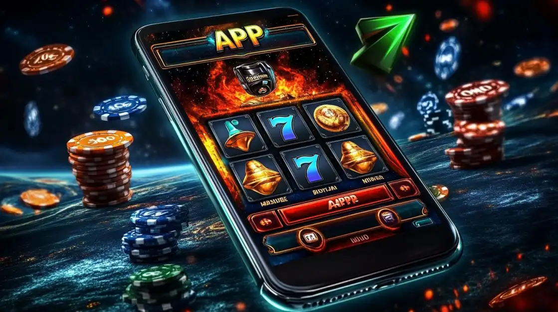 A dynamic overhead shot of a smartphone displaying a mobile casino slot game with the APP logo, surrounded by scattered poker chips and a vibrant cosmic background, representing 399bet engaging mobile casino.