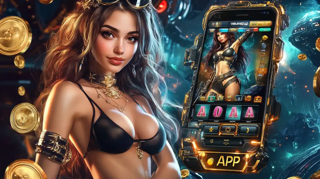 A confident woman in a black bikini stands beside a stylized smartphone showcasing a mobile slot game with a female character, adorned with golden coins and futuristic elements, emphasizing 399bet exciting mobile slots.