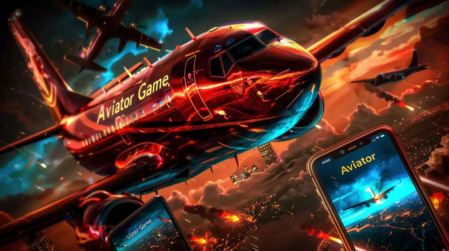 A cinematic promotional image for the 399bet Aviator Game, featuring a powerful red airplane soaring over a city at night. Smartphones in the foreground show the game in action.