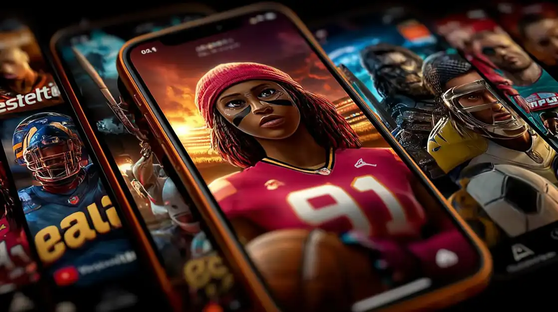 A smartphone showcases the 399bet sports betting app, featuring a stylish female American football player in a pink jersey with the number 91. The interface is vibrant and user-friendly.