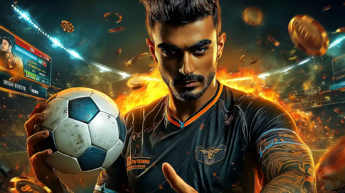 An intense male soccer player holds a football, surrounded by a fiery stadium and floating casino chips, representing the thrill of sports betting on the 399bet platform.