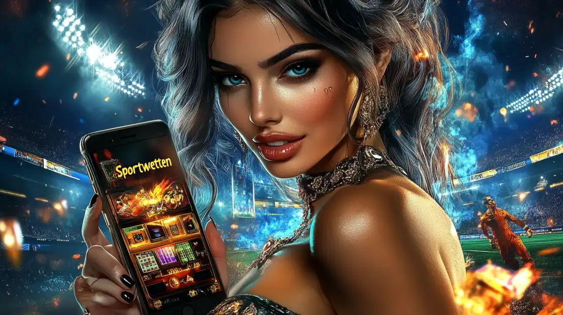 A glamorous woman with striking blue eyes presents a smartphone displaying the 399bet sports betting app in a dynamic stadium setting with fire effects, inviting users to play.