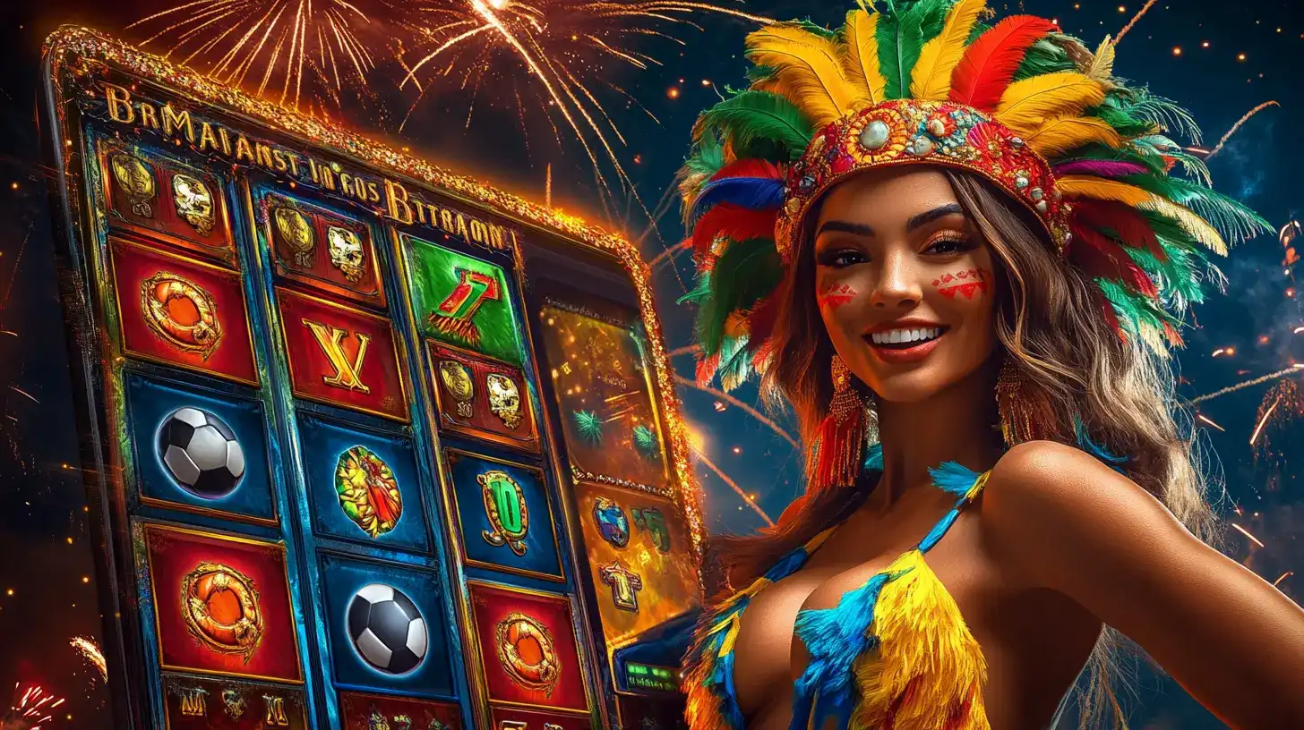 A cheerful woman in a colorful carnival headdress and vibrant makeup stands next to a large mobile slot game screen, with fireworks illuminating the night sky, symbolizing the festive fun of 399bet slots.