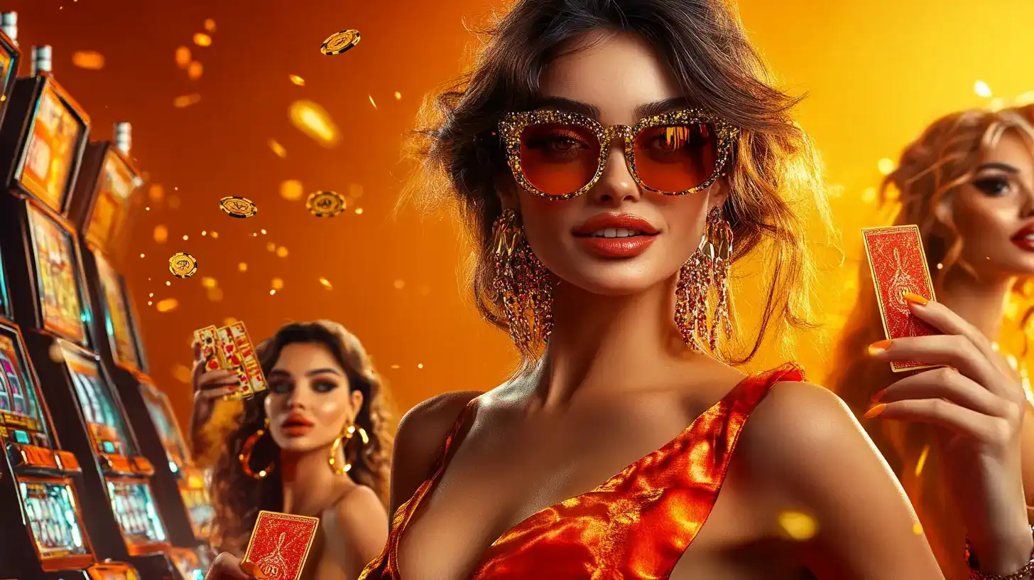 A stylish woman in an orange dress and glittery sunglasses holds a playing card, with other elegant women and slot machines in the background, capturing the vibrant and exciting atmosphere of 399bet casino.