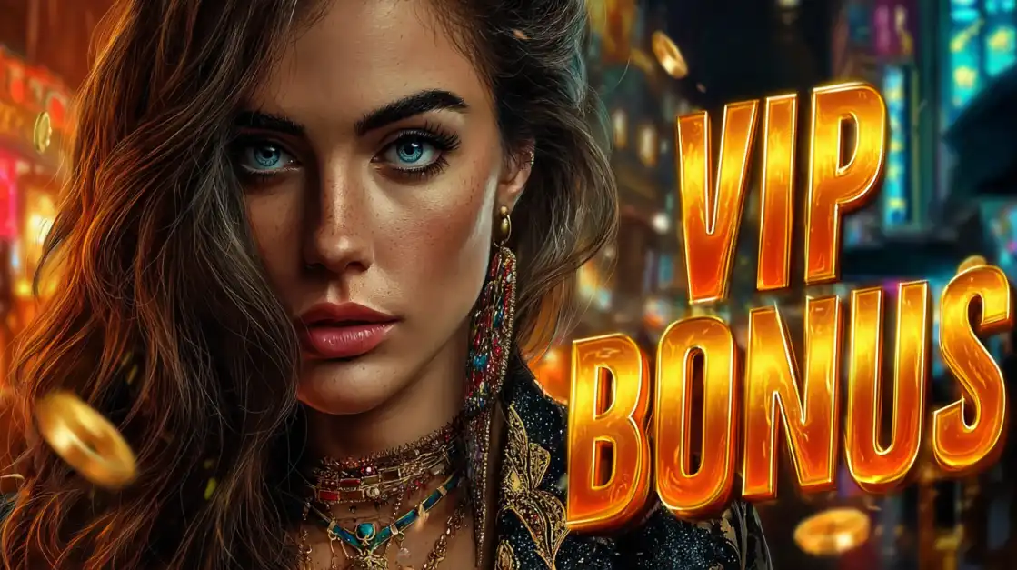 A stunning woman with piercing blue eyes and elaborate jewelry looks directly at the viewer, with the bold VIP BONUS text in glowing gold letters and a blurred casino background, highlighting 399bet exclusive offers.