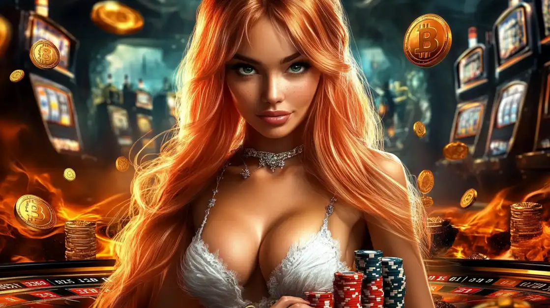 A captivating woman with long red hair, adorned in a glamorous outfit, presides over a vibrant casino table with poker chips and bitcoin symbols, embodying the thrilling world of 399bet casino gaming.