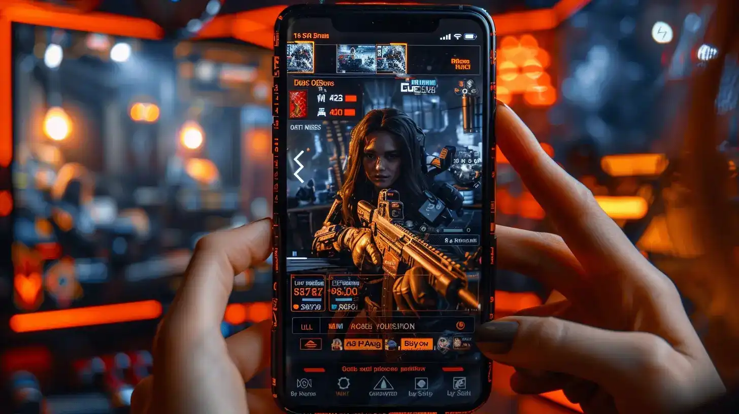 A close-up of hands holding a smartphone, showcasing the intricate interface of a mobile gaming app featuring a warrior character and various game stats, highlighting the immersive experience of 399bet mobile platform.