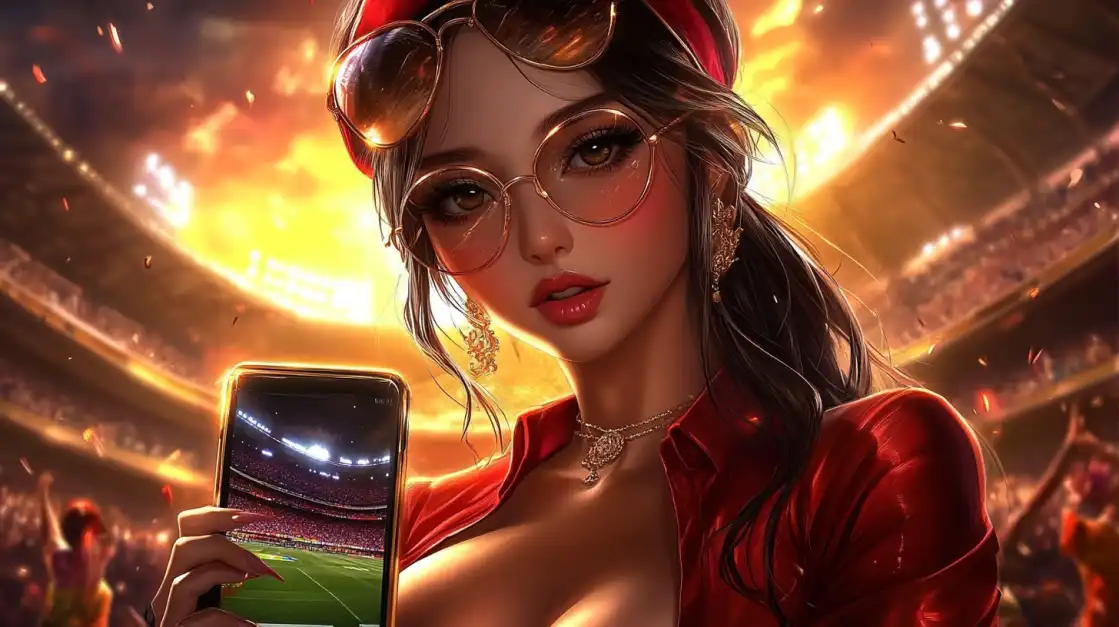 A stylish woman in a vibrant red outfit and sunglasses holds a smartphone displaying a live sports game, cheering passionately in a bustling stadium, representing the excitement of 399bet sportsbetting.