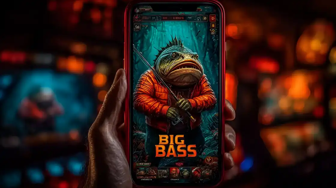 A hand holds a smartphone displaying the Big Bass slot game, featuring a formidable fish character in an orange jacket holding a fishing rod, set against a dark, atmospheric background, highlighting 399bet engaging mobile slots.