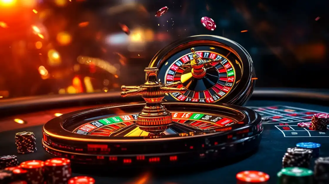 A detailed, luxurious shot of a classic roulette wheel on a gaming table at the 399bet casino. The focus is on the golden spinner, with chips ready for betting in the foreground.
