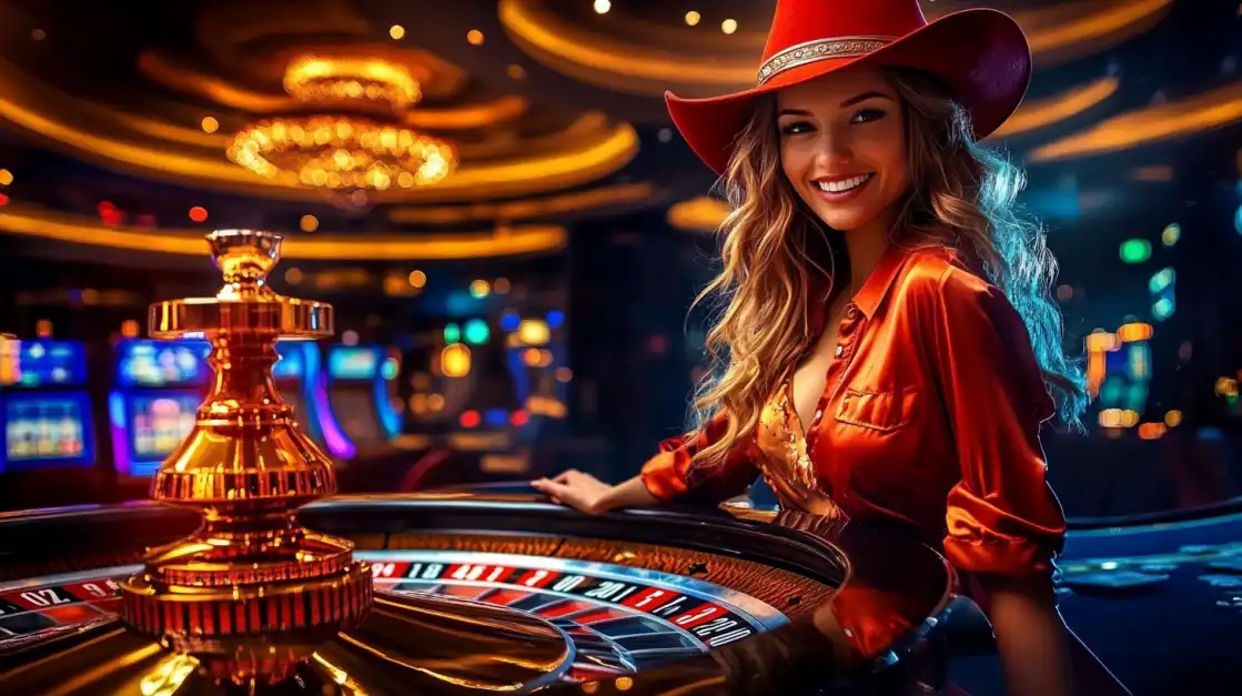 A cheerful woman wearing a red cowboy hat smiles while playing at a roulette table in the lively 399bet casino, ready to place her bet and enjoy the game.