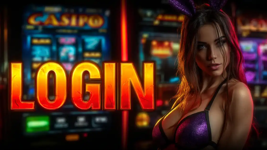A seductive woman in a bunny-ear outfit stands confidently in a neon-lit casino setting, with the prominent LOGIN text displayed, inviting users to experience the thrill of 399bet casino.
