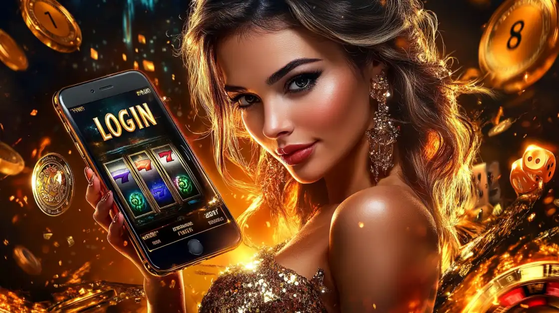 A glamorous woman in a sparkling gold dress holds a smartphone displaying a mobile slot game with the LOGIN prompt, surrounded by shimmering gold coins, symbolizing the allure of 399bet mobile slots.