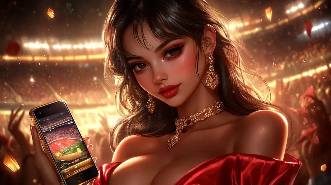An elegant woman with dark hair and a red dress holds a smartphone showcasing a baseball game, set against the backdrop of a lively stadium, embodying the sophisticated side of 399bet sports betting.