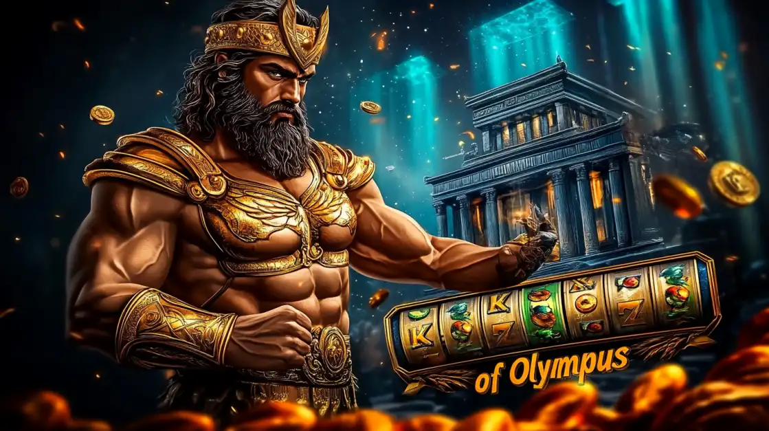 A powerful, muscular god figure with a golden crown and armor stands beside a Slot of Olympus game interface, with an ancient temple in the background, symbolizing the epic wins on 399bet.