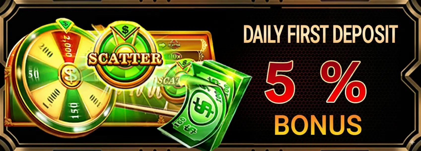 A promotional banner for the 399bet daily first deposit bonus. The image features a green prize wheel and cash, advertising a 5% bonus for the first deposit made each day by a player.